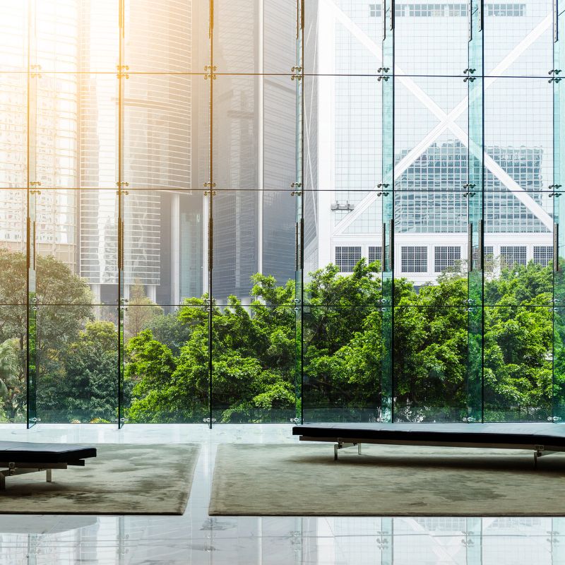 Modern office interior with city view.