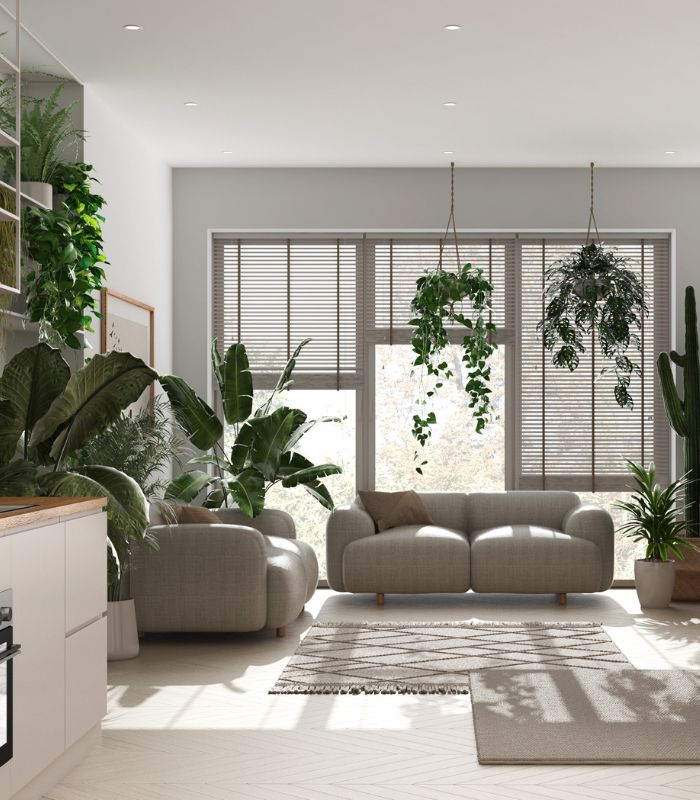 Modern living room with plants and natural light.