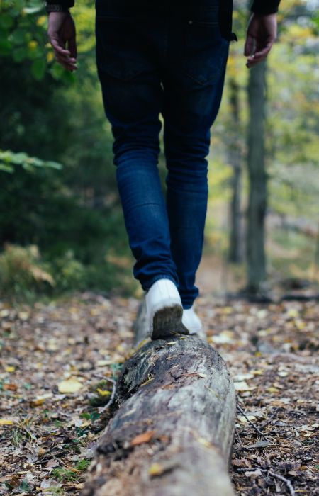 Person balancing on a log in the forest.