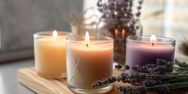 Three candles with lavender on wooden board.