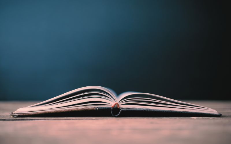 Open book on table with dark background.